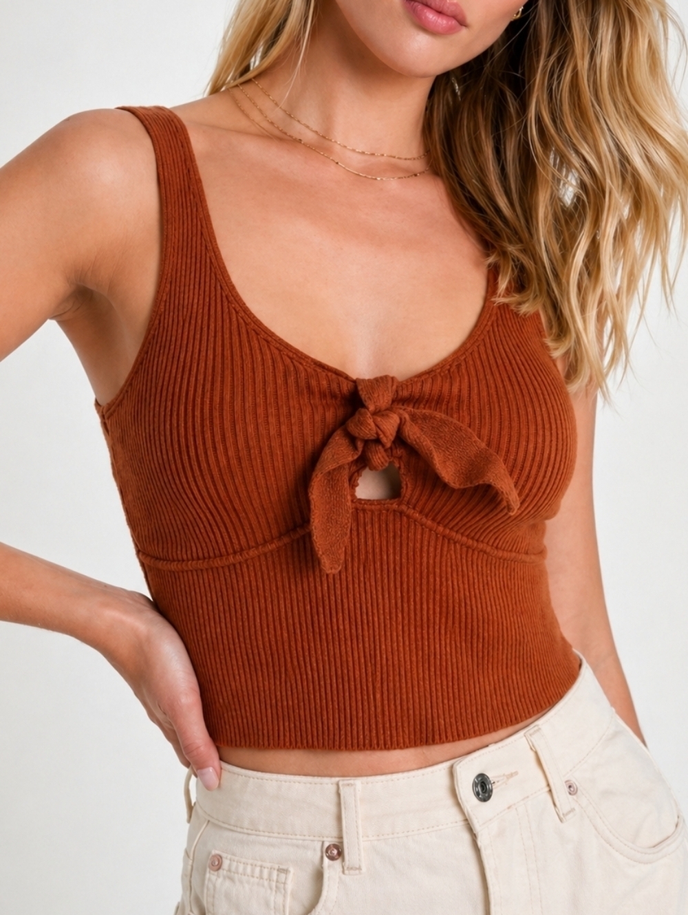 Lulus Rust Ribbed Knit Tie Front Crop Top | Coquette Boho Y2K Summer Tank M